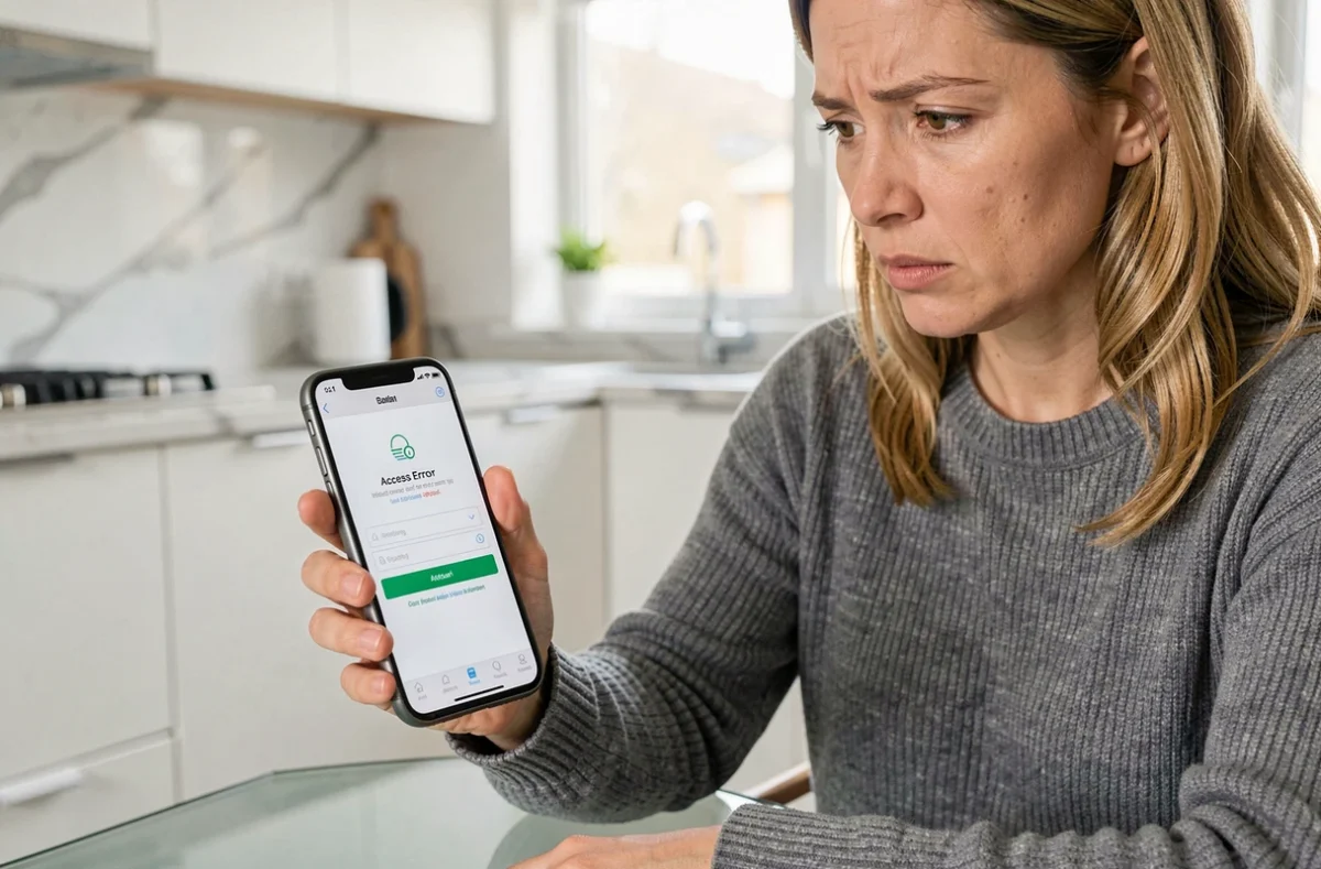 Femme consultant son application bancaire CIC Filibanque sur smartphone avec un message d'erreur de connexion dans une cuisine moderne