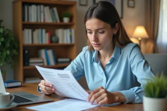 Professeure contractuelle lisant attentivement sa fiche de paie à son bureau à domicile