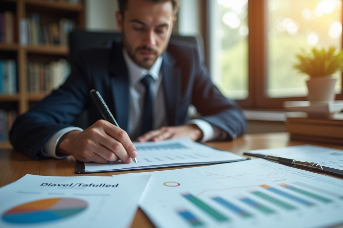 Professionnel d'affaires confiant examinant des documents financiers