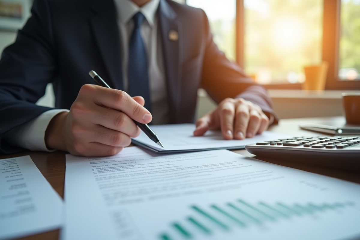 Professionnel en costume travaillant sur des documents d'assurance