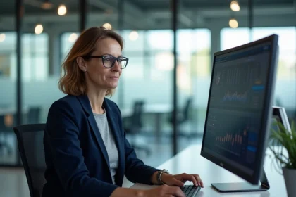 Professionnelle consultantson compte Cyberplus BPO sur un écran d'ordinateur dans un bureau moderne