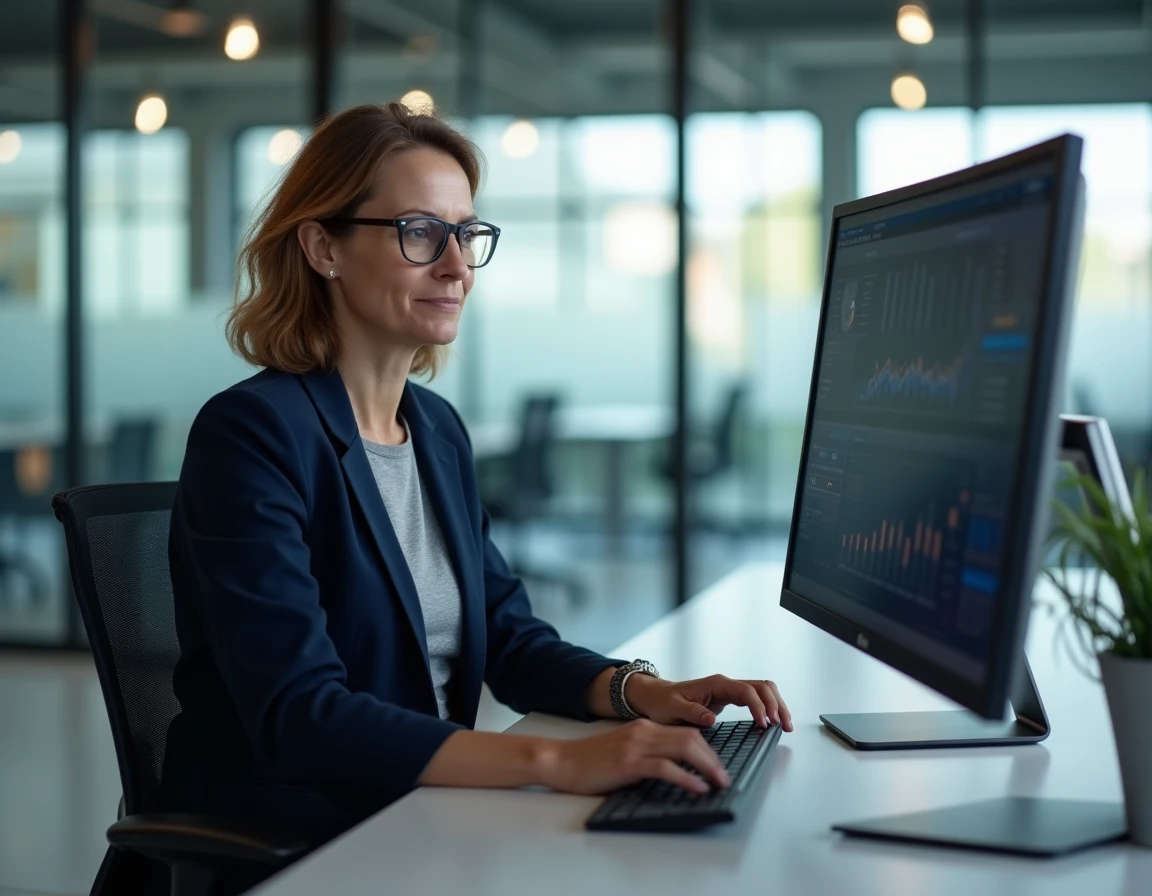 Professionnelle consultantson compte Cyberplus BPO sur un écran d'ordinateur dans un bureau moderne