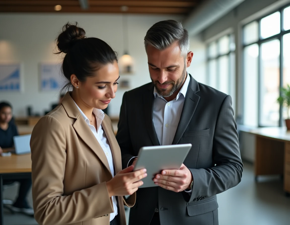 Deux professionnels analysant ensemble les données de leur compte Cyberplus BPO sur une tablette dans un espace de coworking