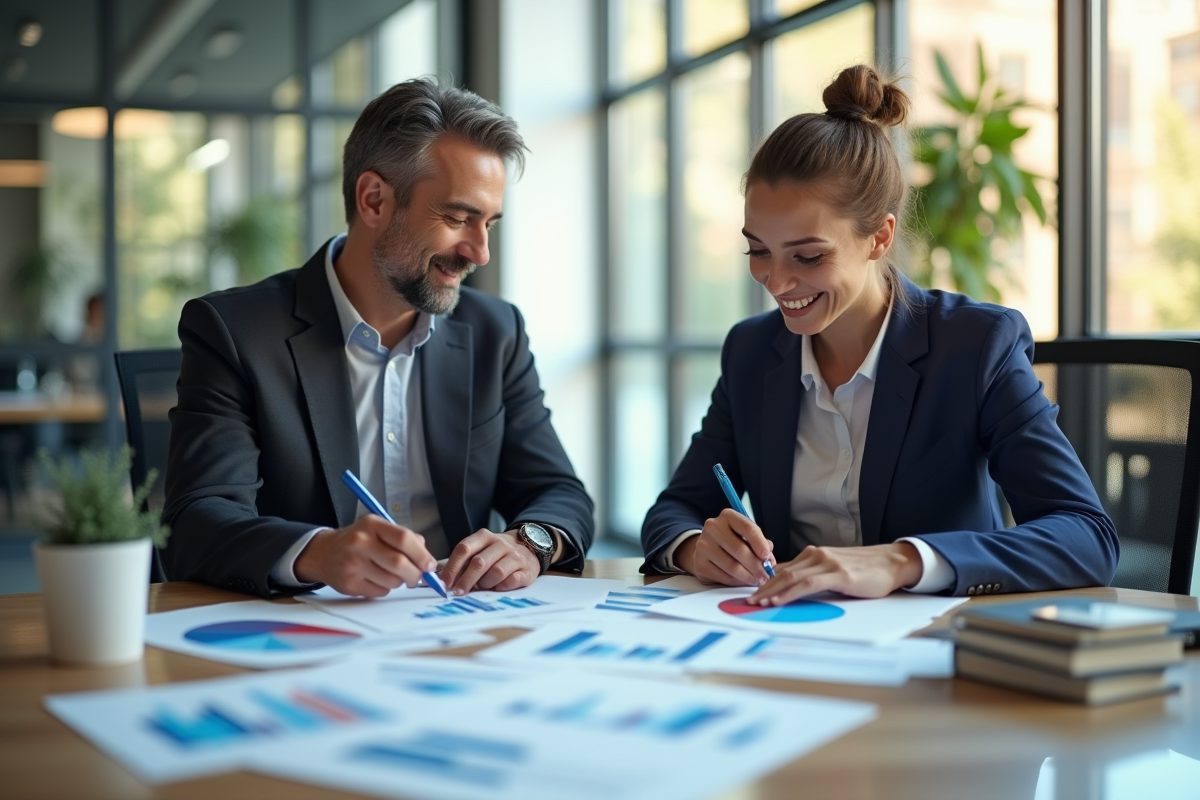Deux professionnels d'assurance dans un bureau lumineux