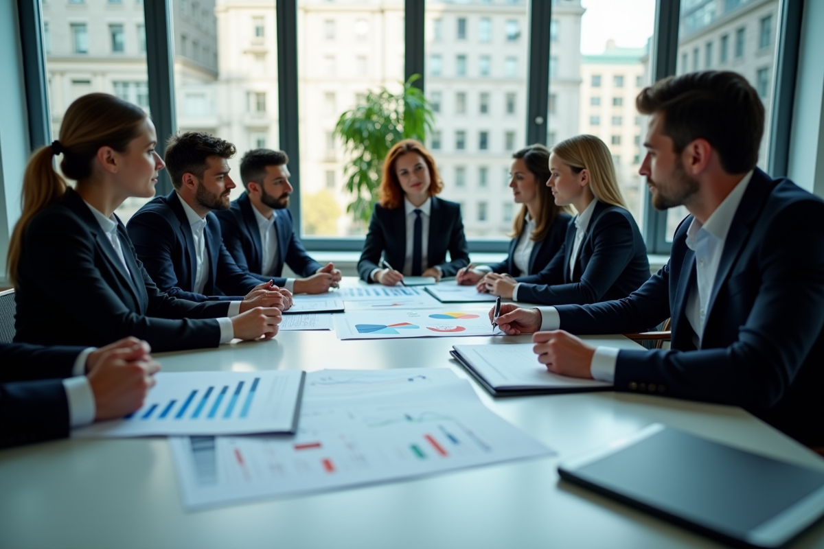 Groupe de professionnels financiers autour d'une table avec drapeaux français