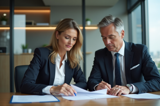 Femme et homme d'affaires examinent des documents d'assurance