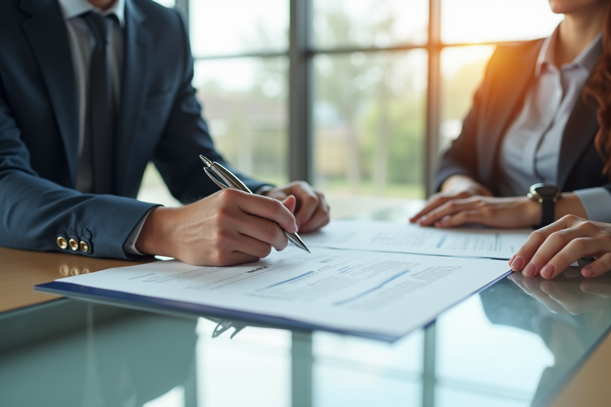 Professionnels signant des documents d'assurance hypothécaire