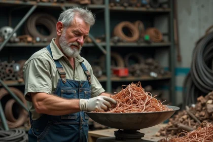 Homme scrap dealer pesant du cuivre dans un entrep&ocirc;t