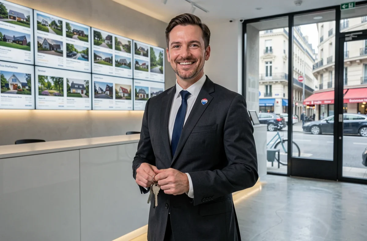 Agent immobilier Remax Immoplus en costume sombre tenant des clés de maison dans le hall moderne d'une agence immobilière contemporaine