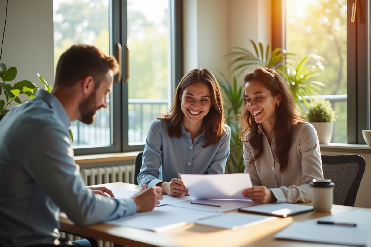 Jeune couple souriant rencontrant un conseiller immobilier dans un bureau lumineux