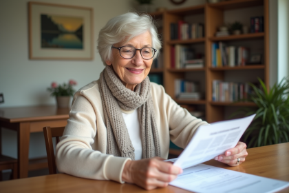 Femme retraitée souriante vérifiant ses documents financiers
