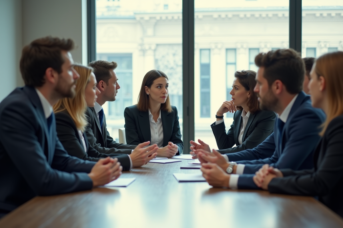 Groupe de professionnels en réunion d'affaires sérieux