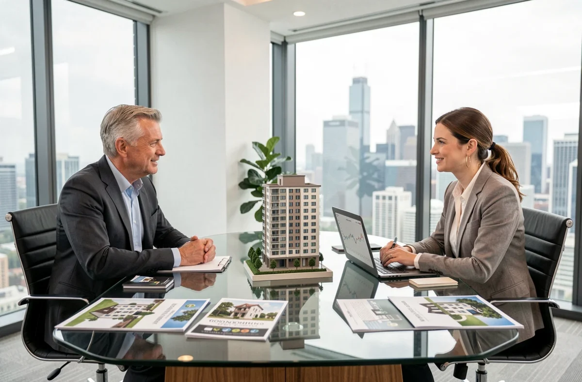 Réunion de conseil en investissement immobilier comparant SCPI et achat en direct dans un bureau financier