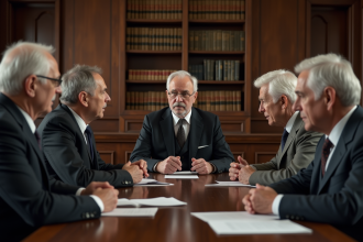 Groupe de personnes âgées en réunion officielle dans un bureau historique
