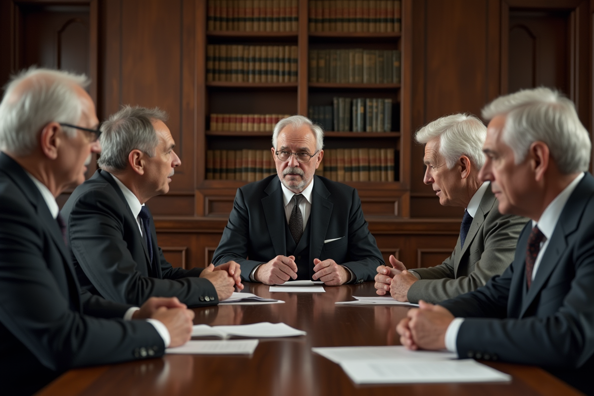 Groupe de personnes âgées en réunion officielle dans un bureau historique