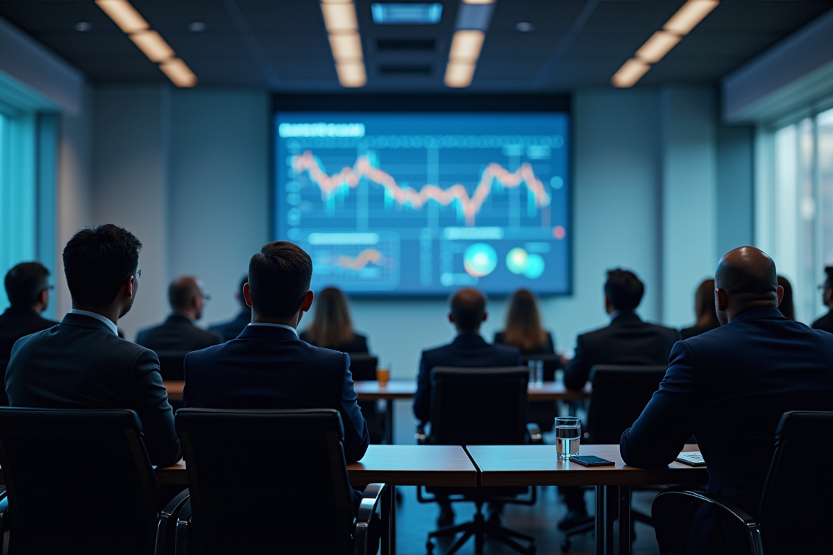 Professionnels en réunion regardant une présentation blockchain