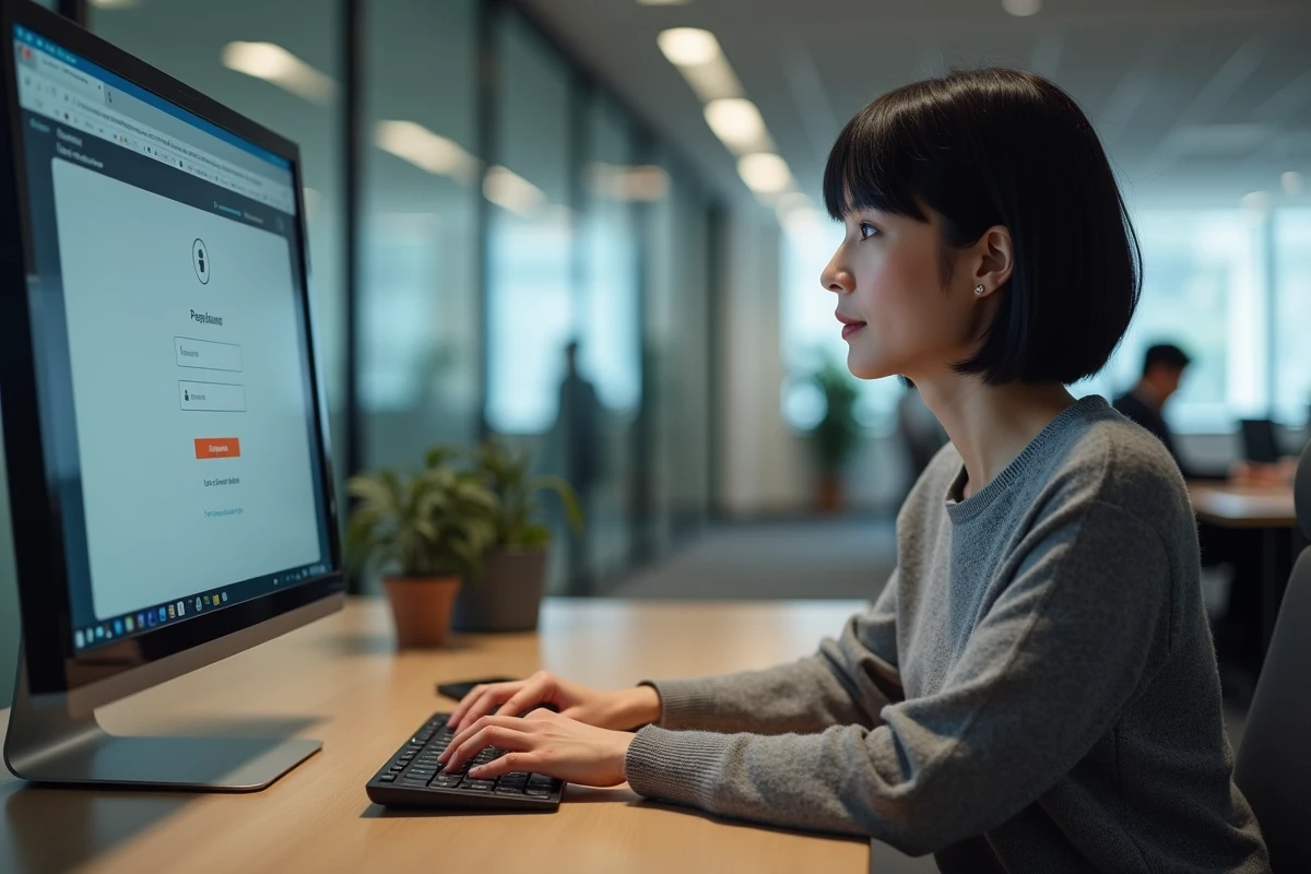 Femme saisissant ses identifiants sur un portail en ligne depuis un bureau professionnel