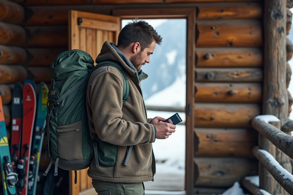 Travailleur saisonnier en montagne avec un sac à dos et une carte prépayée visible, devant un chalet alpin