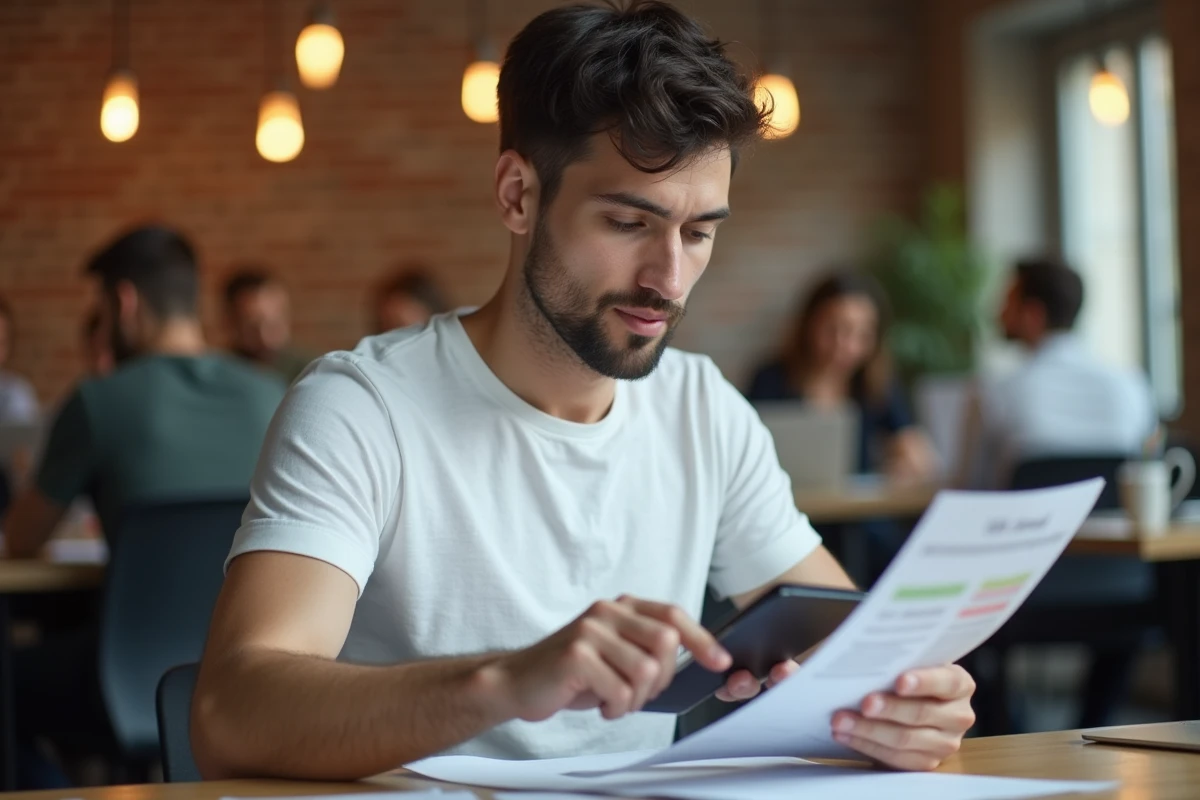 Jeune employé en espace de coworking vérifiant ses primes et heures supplémentaires sur smartphone