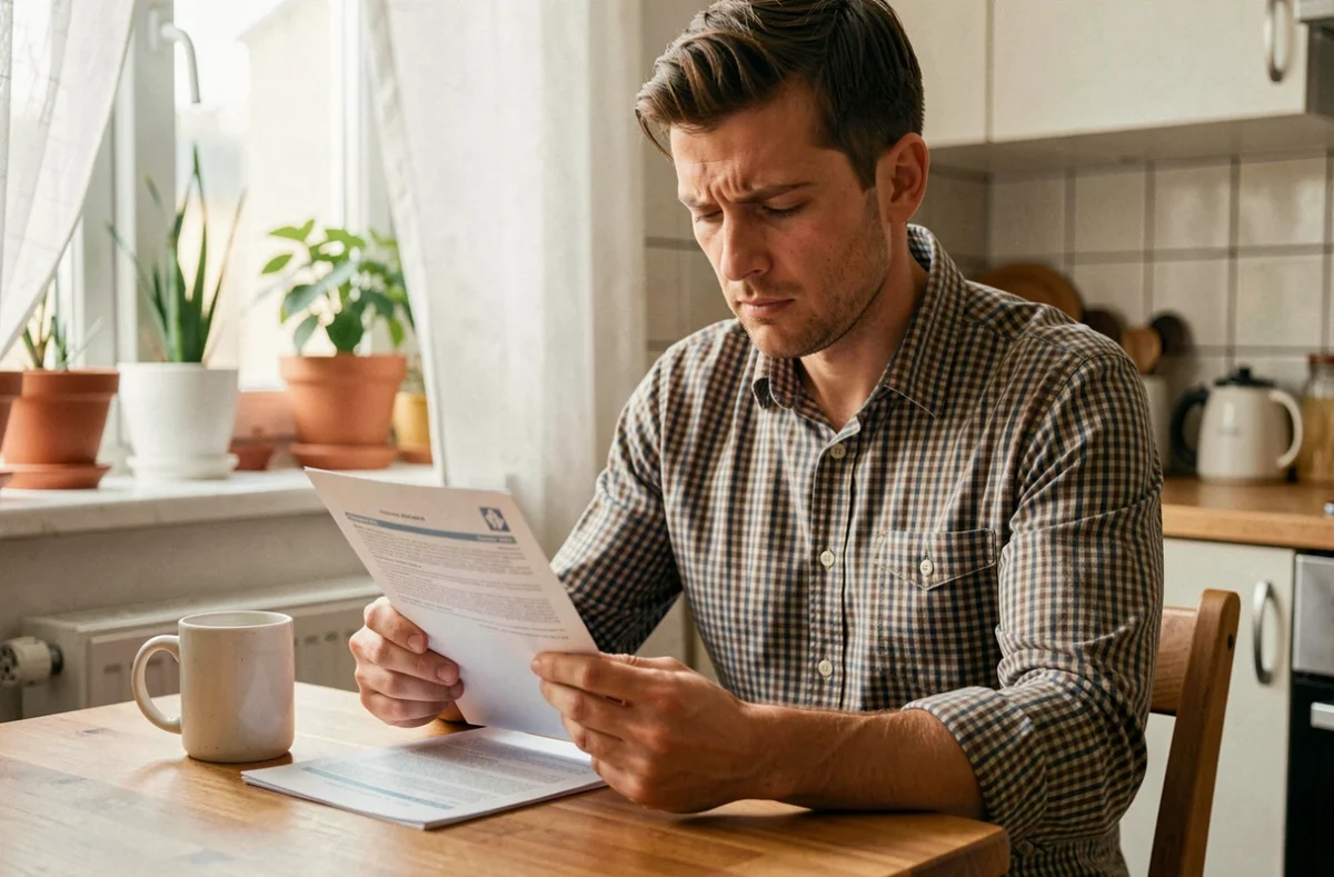 Salarié lisant attentivement son contrat de mutuelle d'entreprise à son domicile