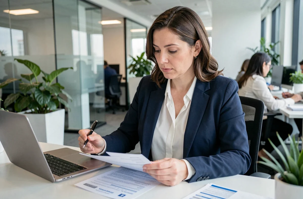 Employée en blazer marine consultant des documents de mutuelle d'entreprise sur son bureau en open space