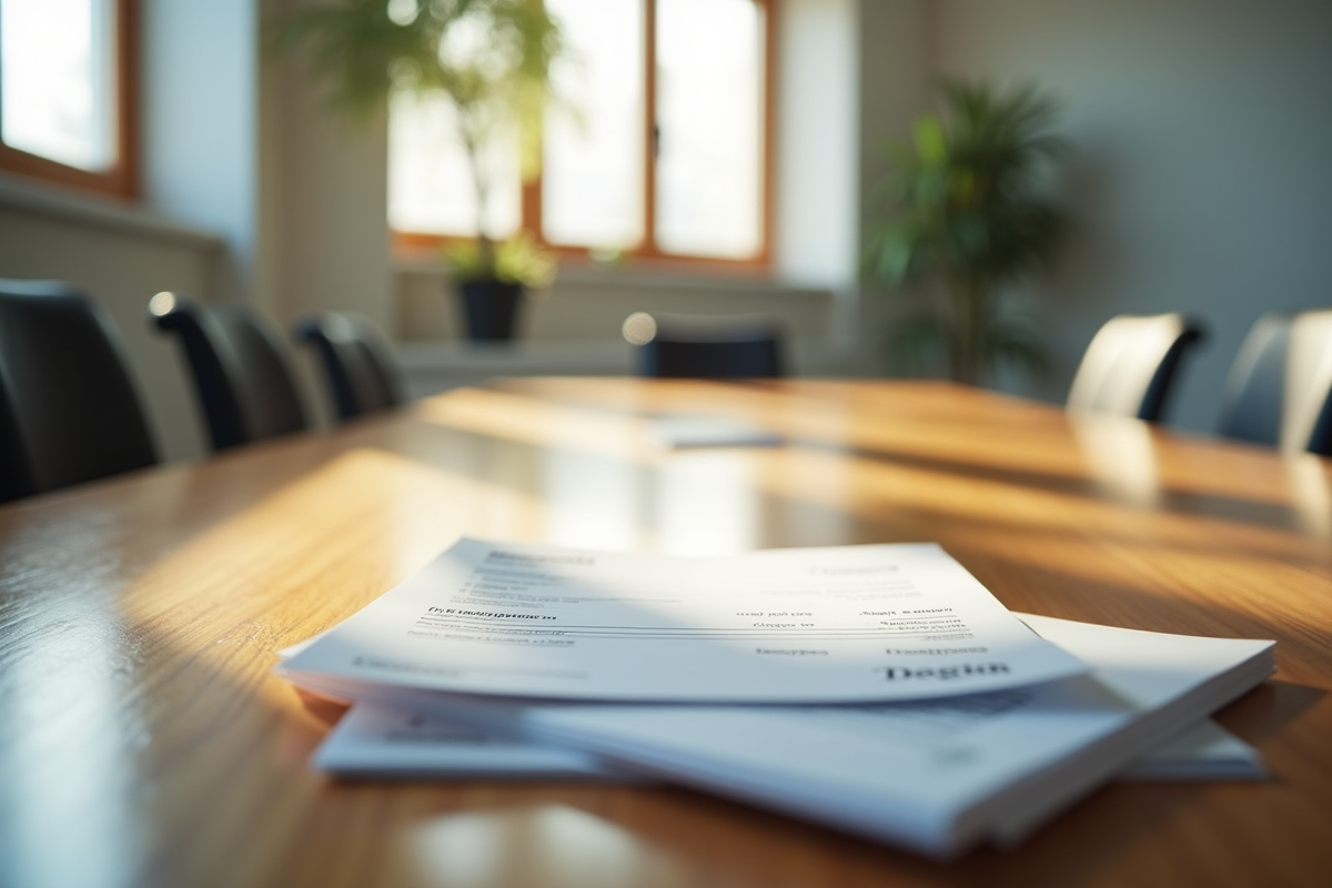 Salle de réunion vide avec une pile de factures impayees sur la table