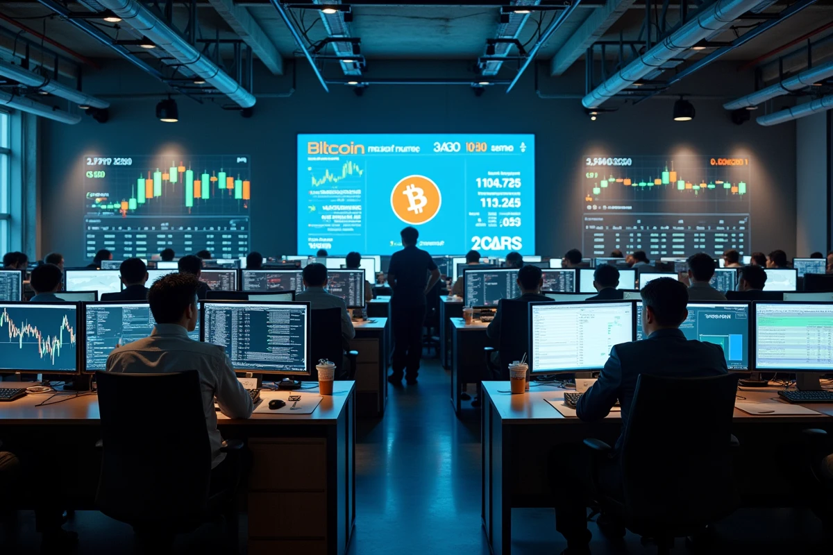 Salle de trading crypto avec analystes surveillant les signaux Bitcoin et métriques on-chain sur plusieurs écrans