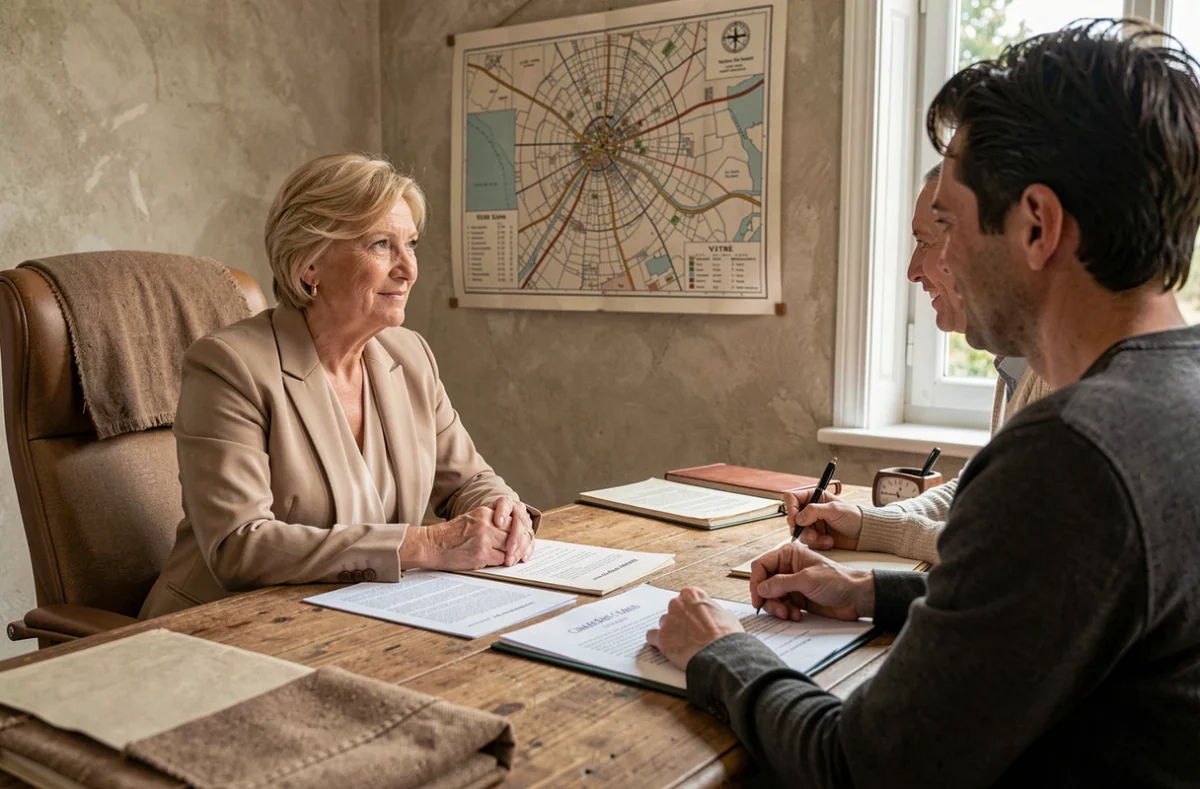 Notaire de SCP Bazin-Brémond à Vitré en blazer beige conseillant un couple de clients autour d'un bureau avec documents et carte locale