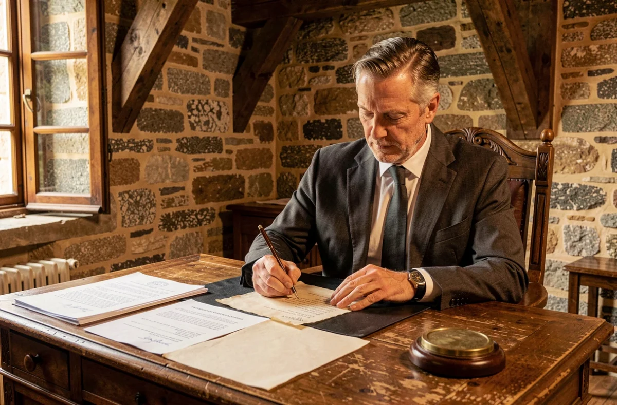 Notaire de SCP Guillou-Perrot-Duval à Fougères dans un bureau en pierre bretonne avec poutres apparentes rédigeant un acte authentique
