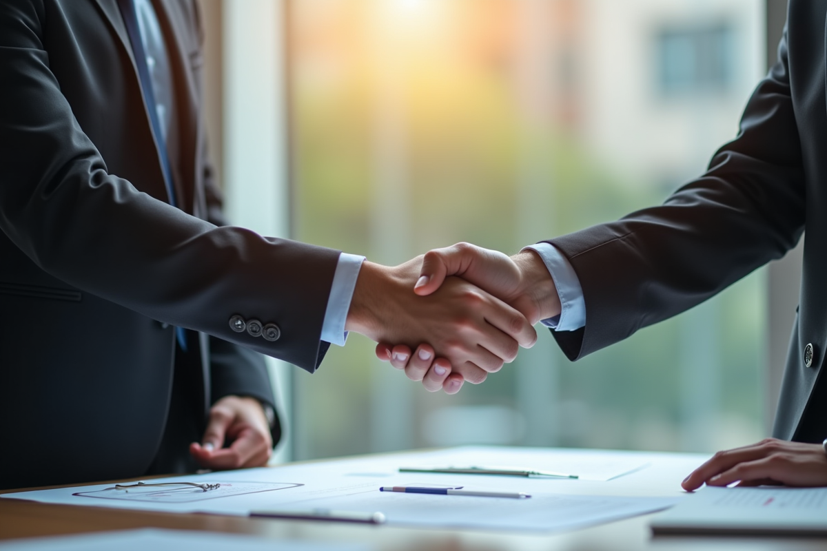 Deux professionnels se serrant la main avec documents d