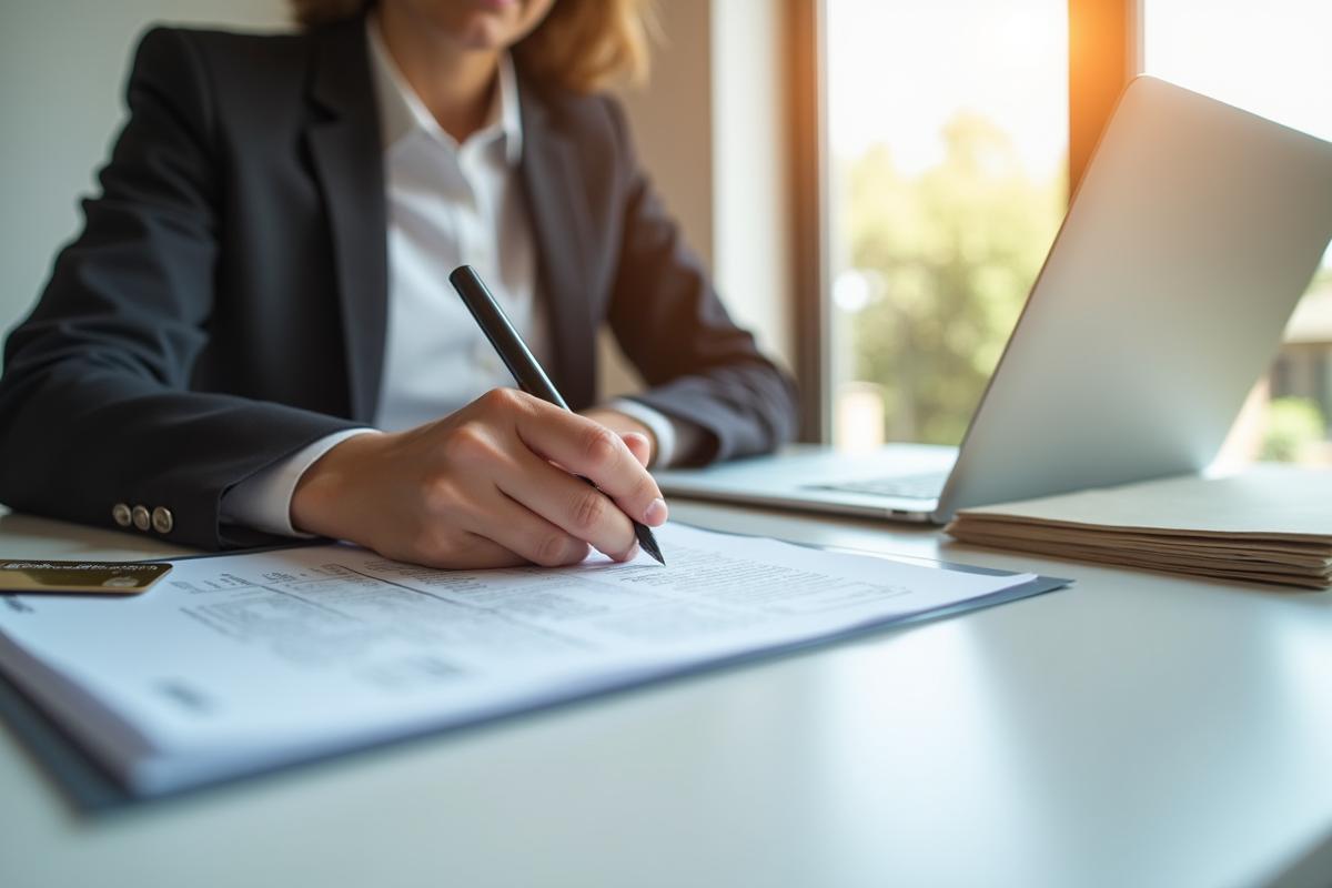 Personne signant des documents de prêt immobilier à un bureau lumineux