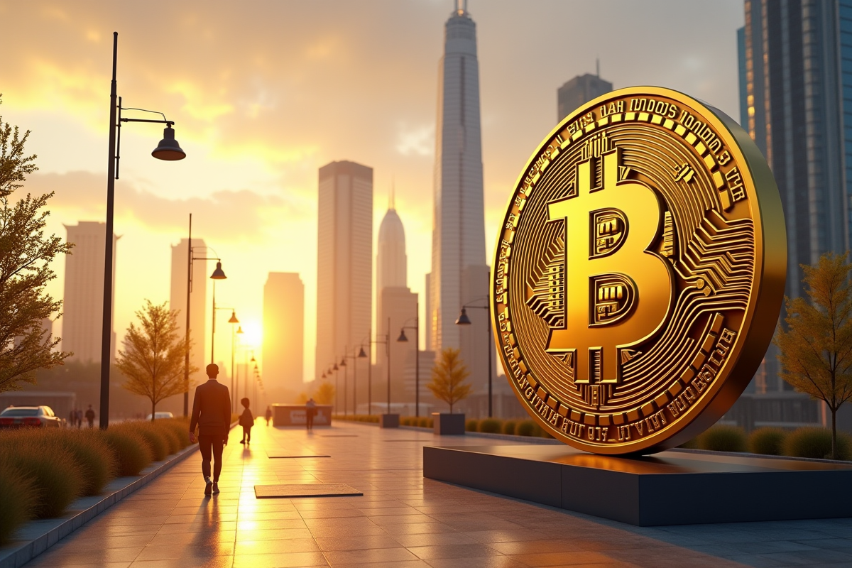 Silhouette d un quartier financier au lever du soleil avec sculpture Bitcoin