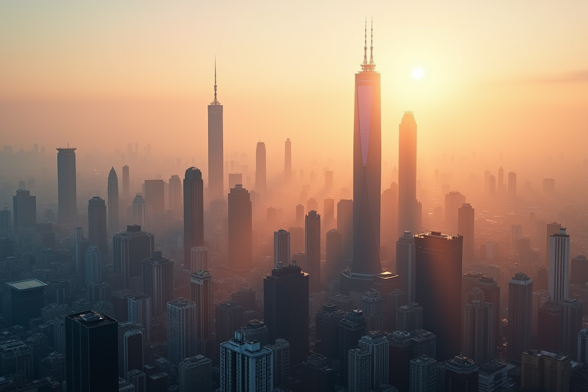 Ciel de ville chinoise moderne au lever du soleil avec gratte-ciel lumineux