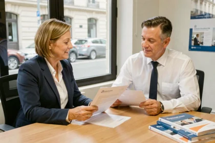 Femme souscrivant une mutuelle santé auprès d'un conseiller dans une agence Harmonie Mutuelle à Orléans