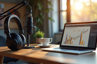 Studio d'enregistrement podcast moderne avec microphones et ordinateur