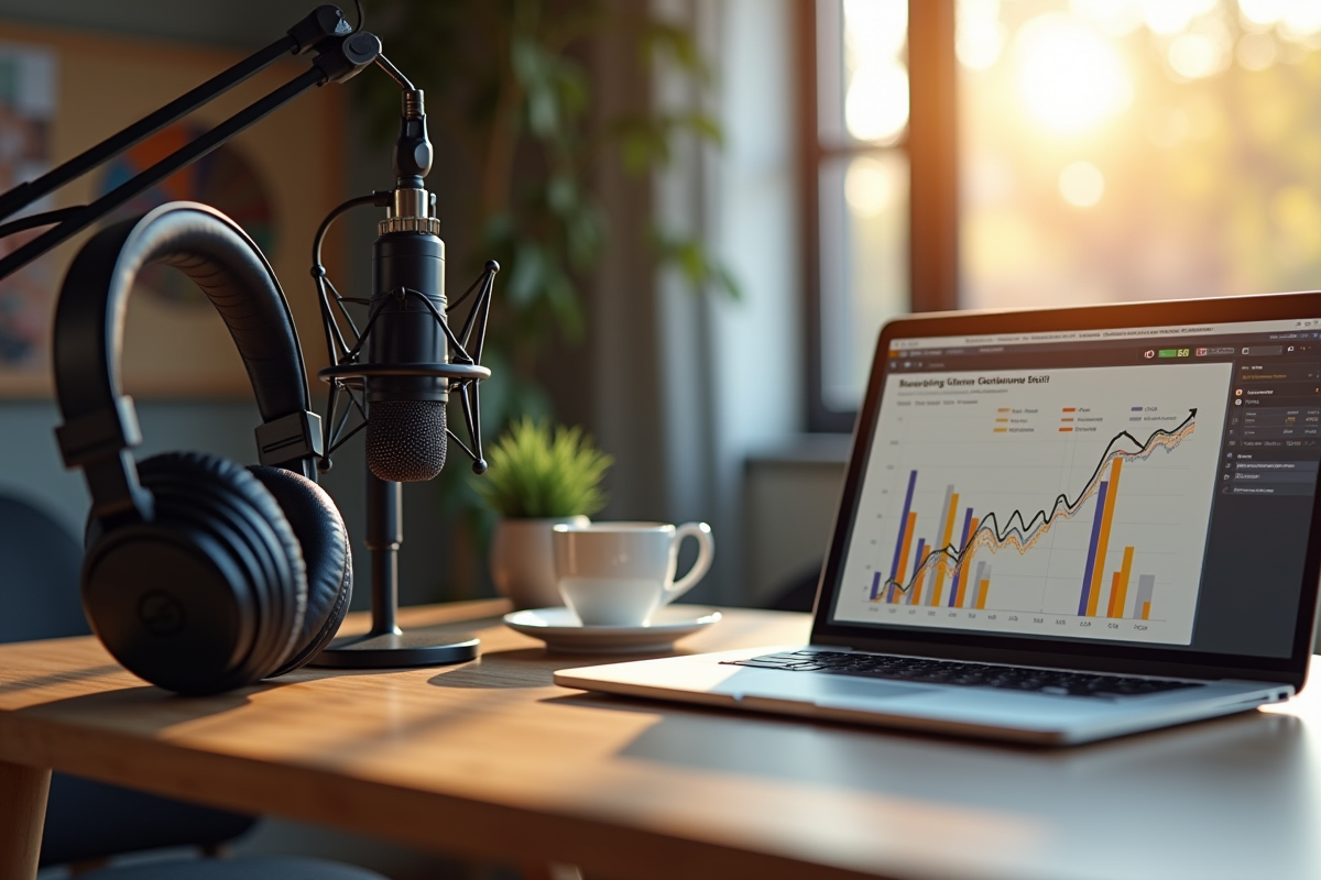 Studio d'enregistrement podcast moderne avec microphones et ordinateur