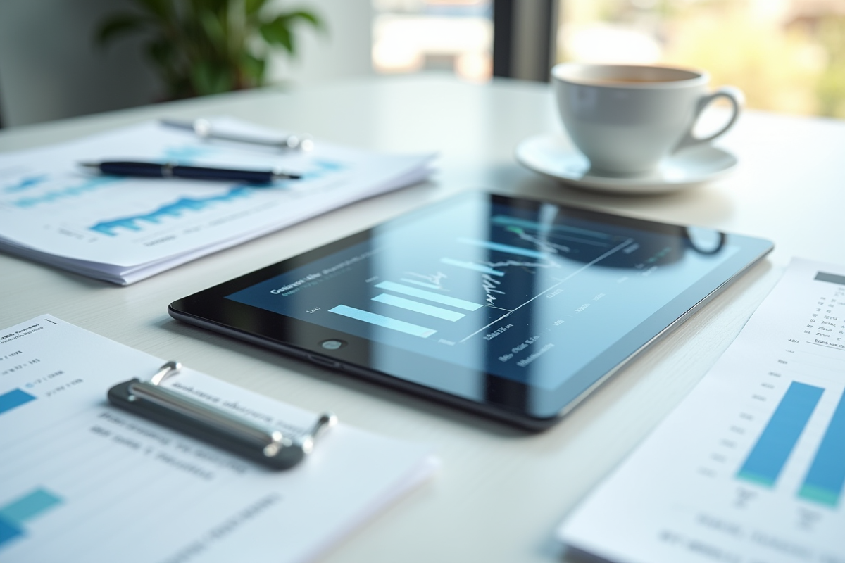 Tablette avec graphique barres et rapports financiers sur bureau