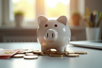 Tirelire moderne sur un bureau avec pièces et billets euros