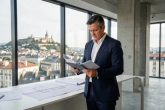 Expert immobilier professionnel en costume bleu marine consultant une tablette devant une vue panoramique sur Lyon, illustrant le top 10 des experts immobiliers en Auvergne-Rhône-Alpes