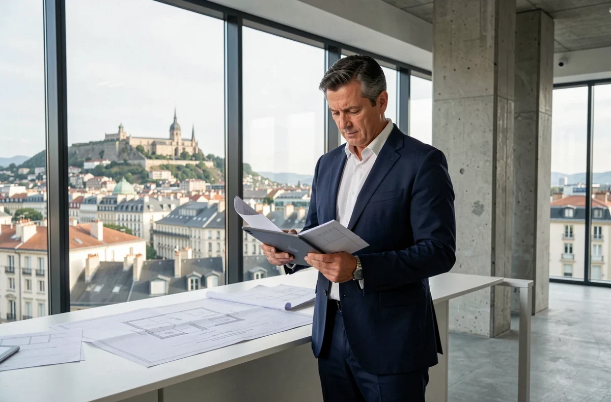 Expert immobilier professionnel en costume bleu marine consultant une tablette devant une vue panoramique sur Lyon, illustrant le top 10 des experts immobiliers en Auvergne-Rhône-Alpes