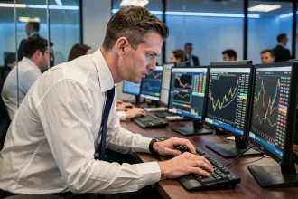 Trader concentré sur plusieurs écrans affichant les cours boursiers de la Bourse de New York à l'ouverture