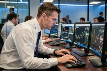 Trader concentré sur plusieurs écrans affichant les cours boursiers de la Bourse de New York à l'ouverture