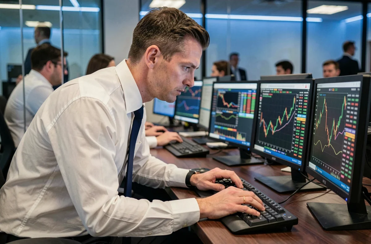 Trader concentré sur plusieurs écrans affichant les cours boursiers de la Bourse de New York à l'ouverture