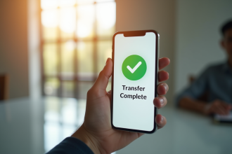 Personne tenant un smartphone avec une application bancaire montrant une coche verte et le texte transfert terminé