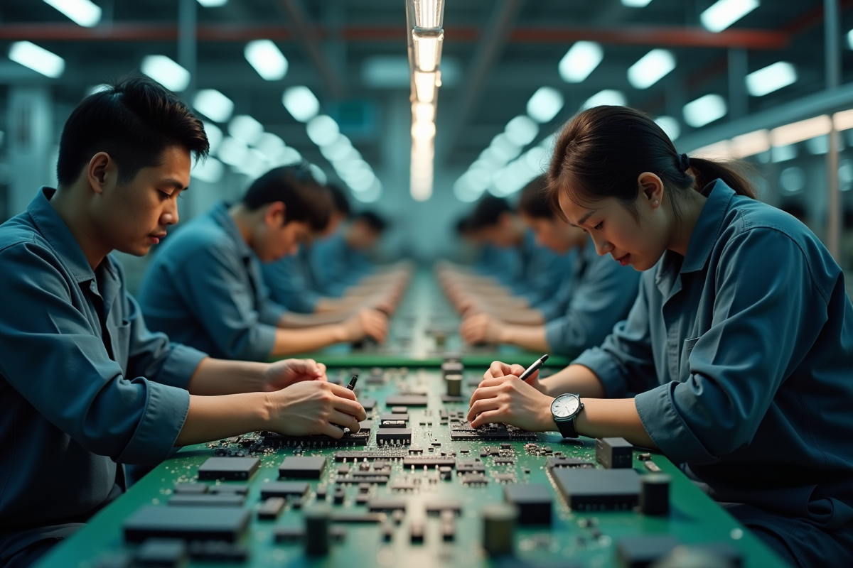 Travailleurs en usine chinoise assemblant des appareils électroniques