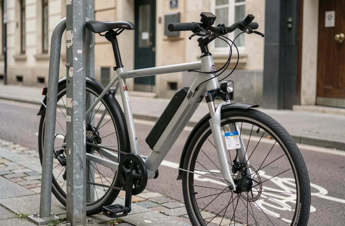 Vélo électrique attaché dans la rue avec une étiquette d'assurance sur le cadre