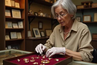 Femme vendant ses bijoux anciens chez un bijoutier en province, bagues et collier posés sur un plateau en velours