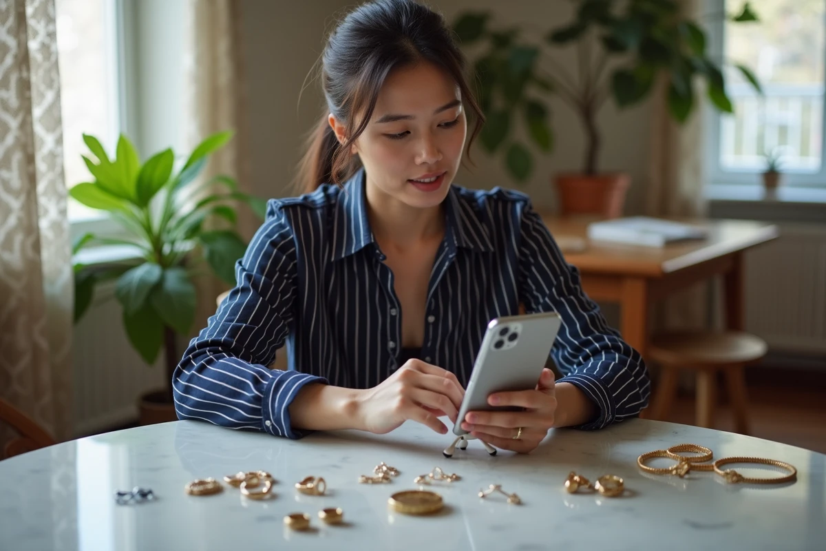 Femme photographiant ses bijoux pour les vendre en ligne depuis son appartement en province