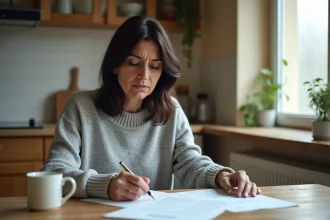 Femme consultant ses documents France Travail pour vérifier le calcul de son ARE à domicile