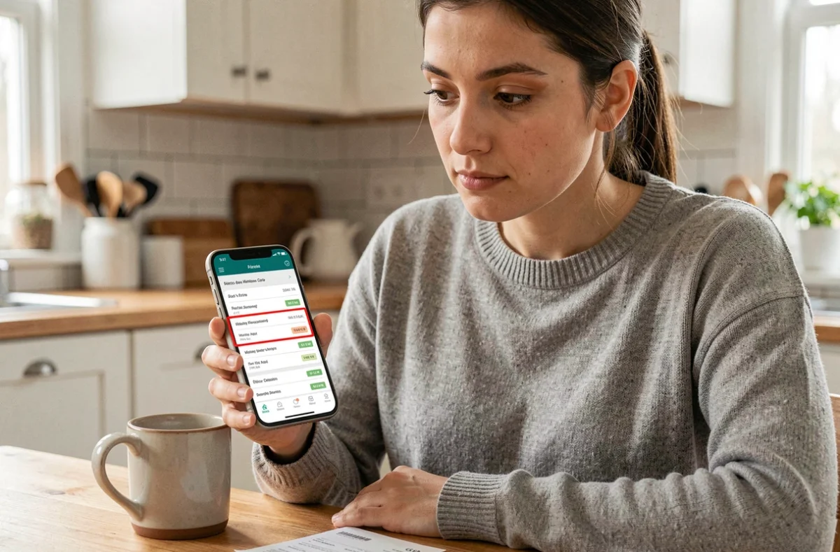 Femme vérifiant ses relevés bancaires et preuves de paiement pour des achats in-game sur smartphone